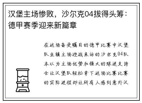 汉堡主场惨败，沙尔克04拔得头筹：德甲赛季迎来新篇章