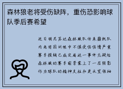 森林狼老将受伤缺阵，重伤恐影响球队季后赛希望